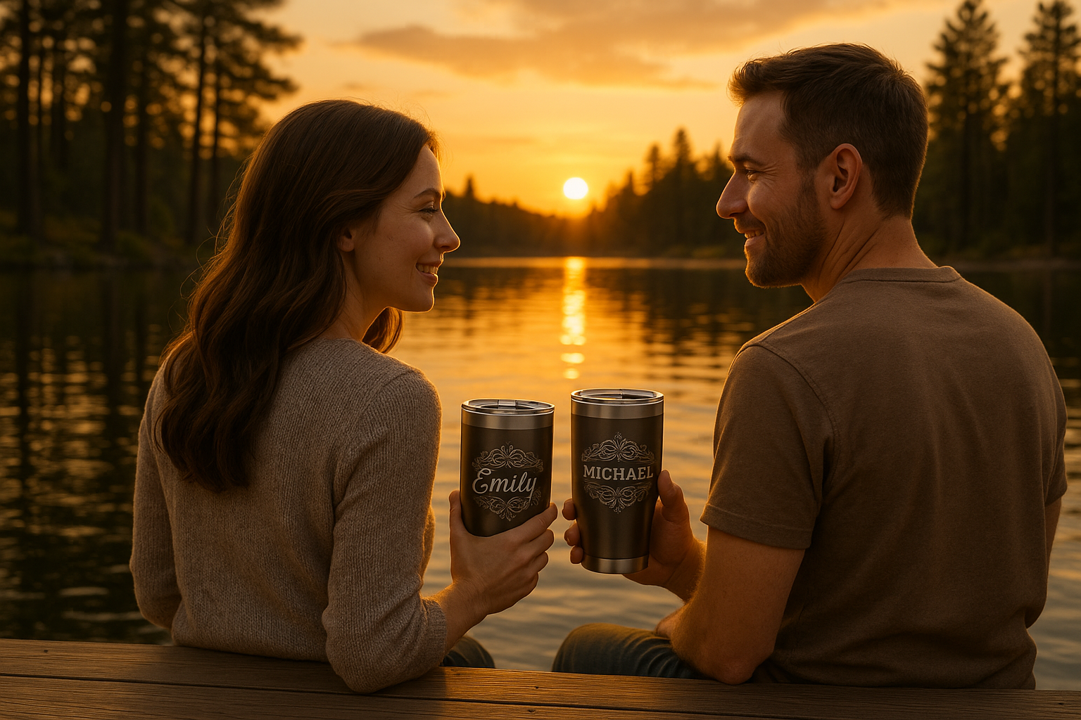 A serene lake scene with a couple enjoying beverages from some laser engraved tumblers.