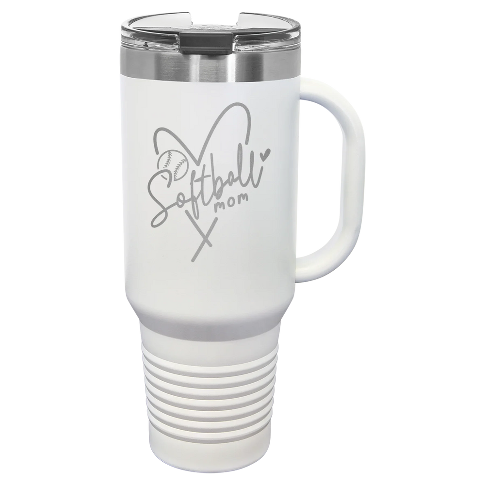 Softball Mom Heart - Polar Camel Travel Mug with Snap Lid & Straw - White