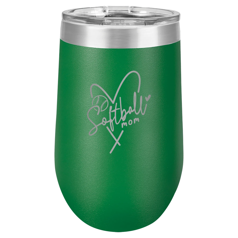 Softball Mom Heart - Polar Camel Stemless Tumbler with Lid - Green Vacuum Insulated