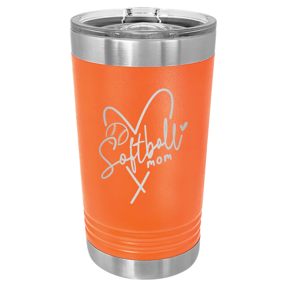 Softball Mom Heart - Polar Camel Pint with Slider Lid - Orange