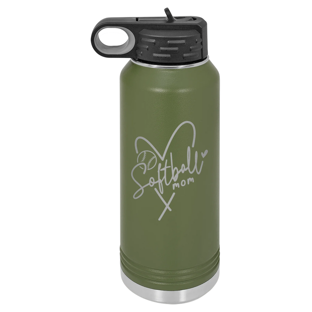 Softball Mom Heart - Polar Camel Water Bottle - Olive Green
