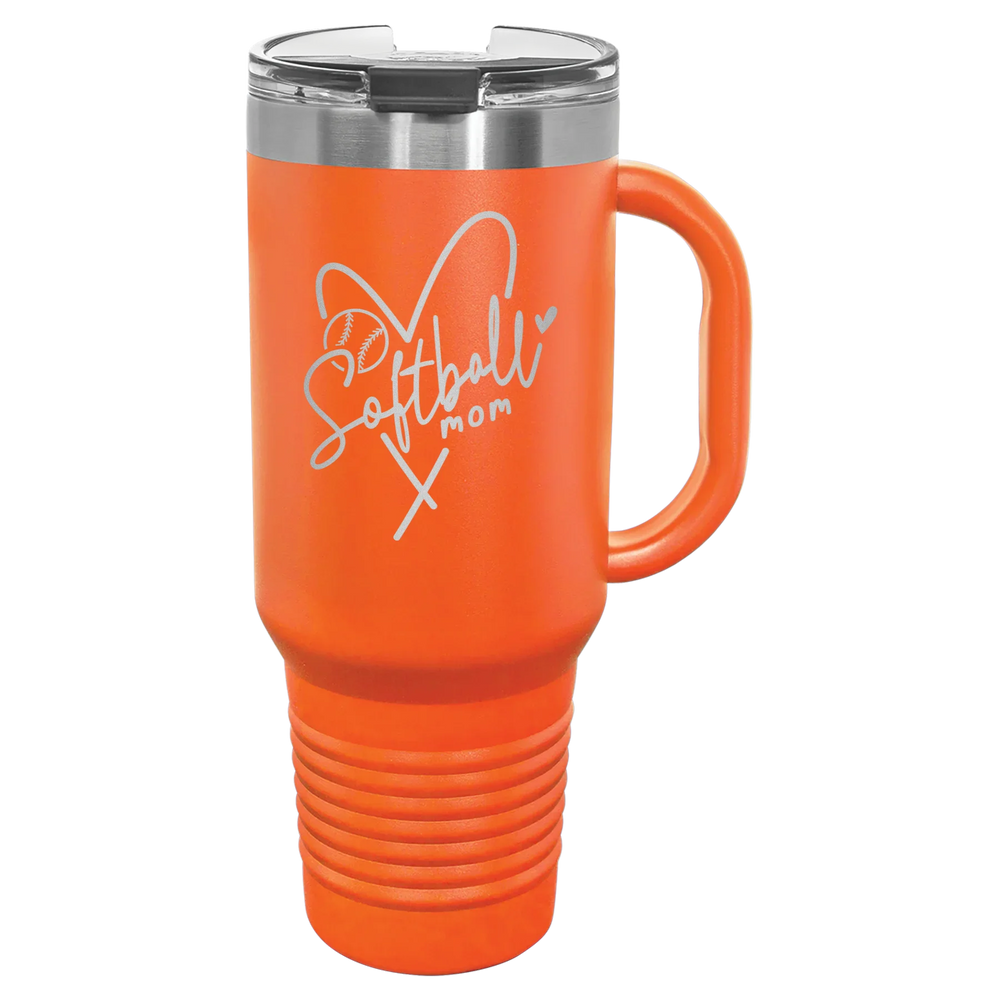 Softball Mom Heart - Polar Camel Travel Mug with Snap Lid & Straw - Orange