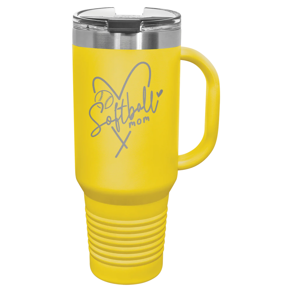 Softball Mom Heart - Polar Camel Travel Mug with Snap Lid & Straw - Yellow