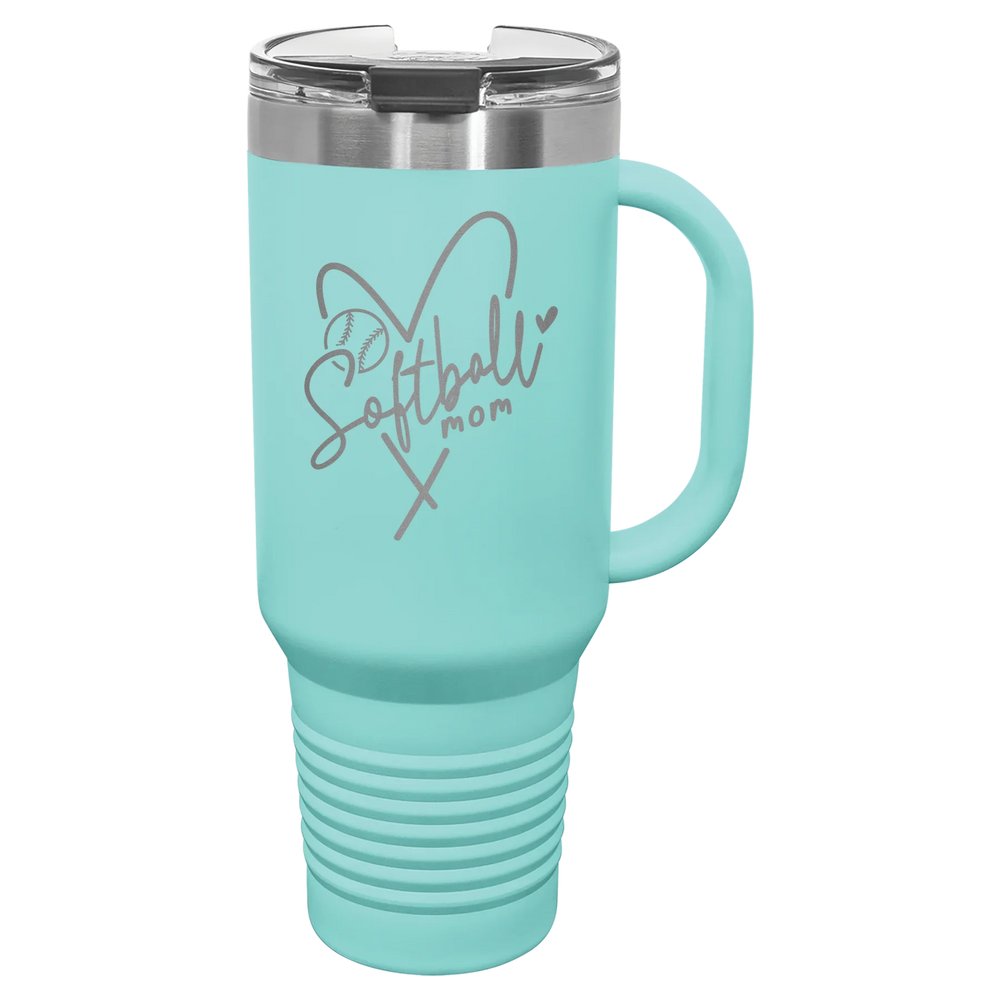 Softball Mom Heart - Polar Camel Travel Mug with Snap Lid & Straw - Teal