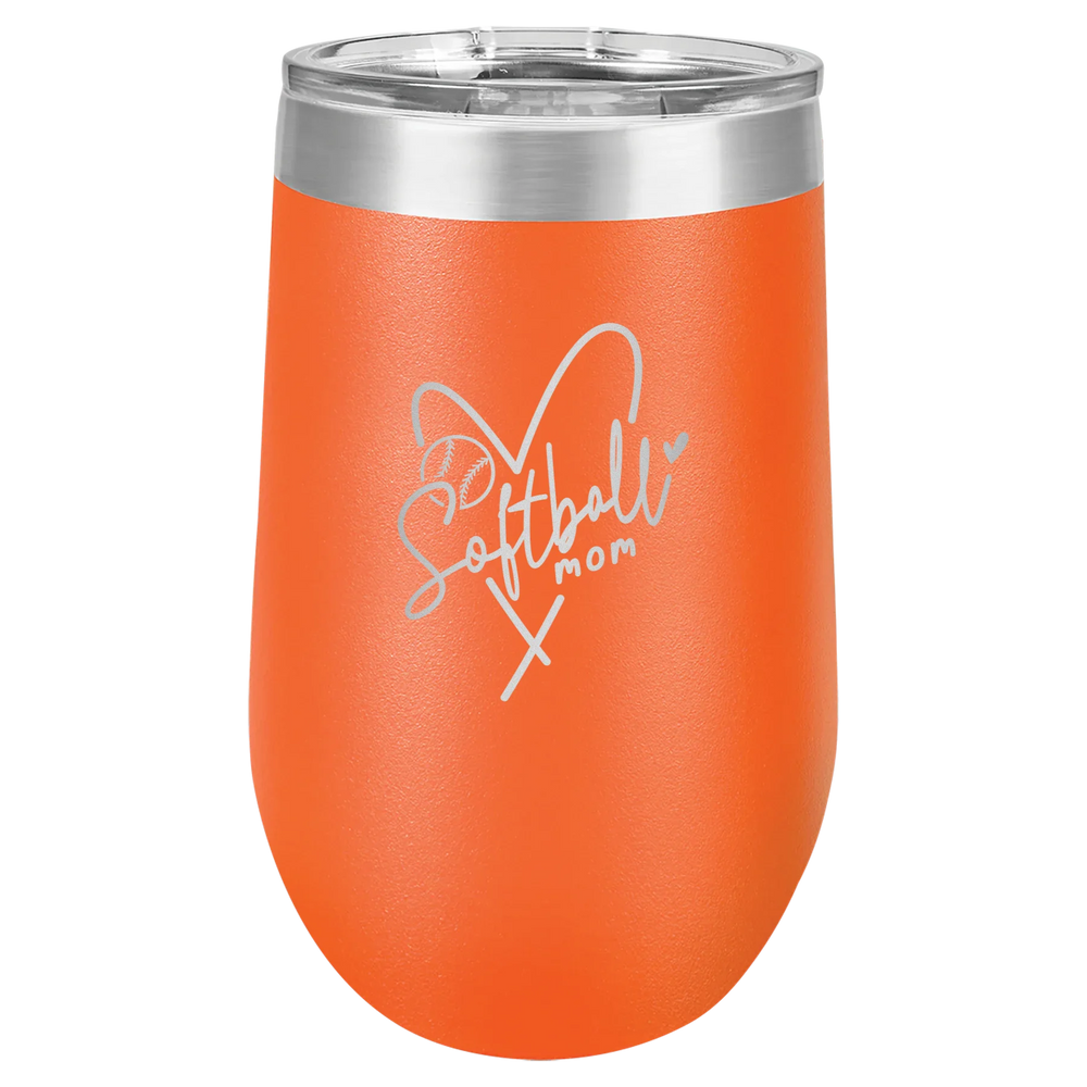 Softball Mom Heart - Polar Camel Stemless Tumbler with Lid - Orange Vacuum Insulated