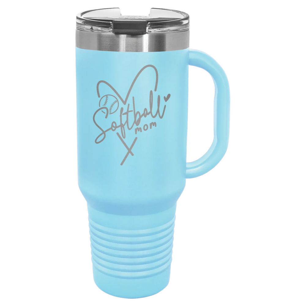 Softball Mom Heart - Polar Camel Travel Mug with Snap Lid & Straw - Light Blue