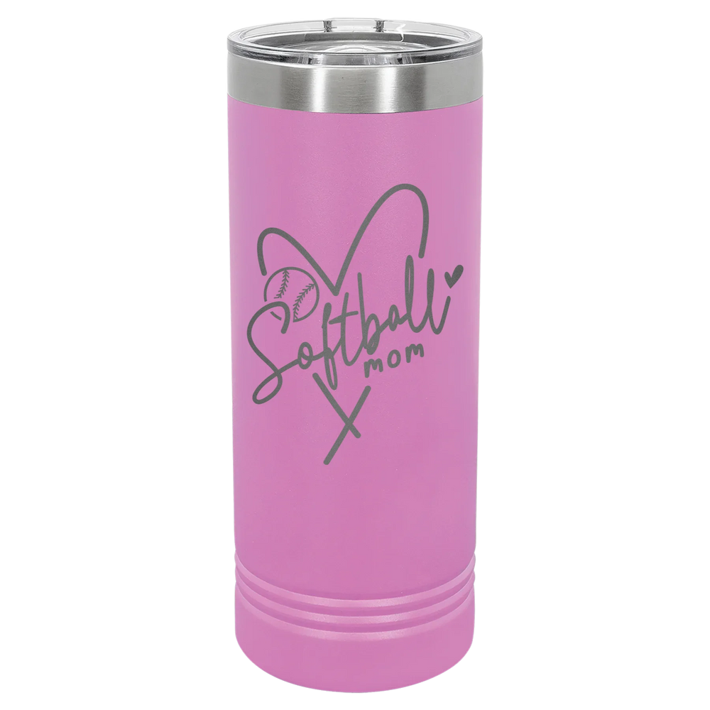 Softball Mom Heart - Polar Camel Skinny Tumbler with Slider Lid - Light Purple
