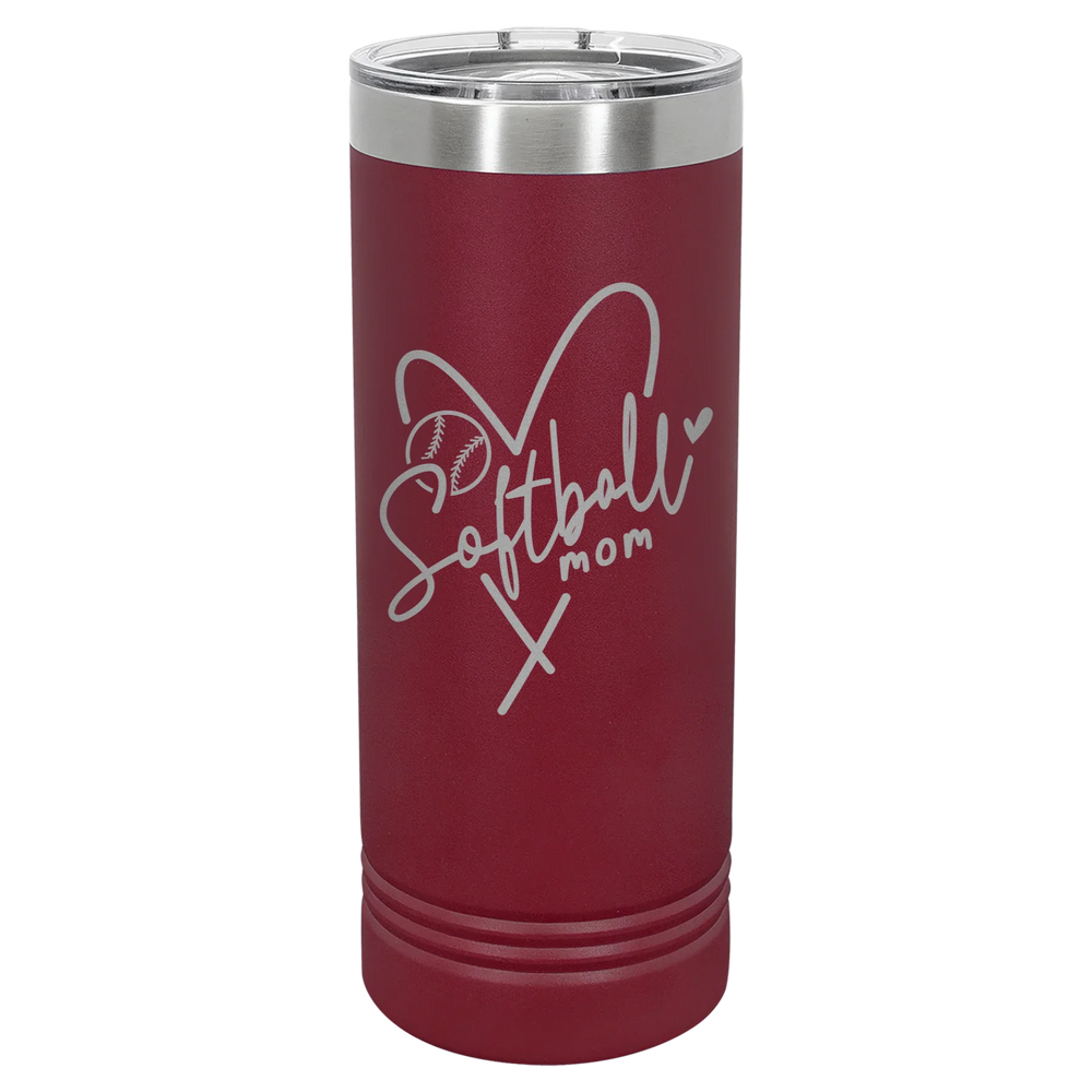 Softball Mom Heart - Polar Camel Skinny Tumbler with Slider Lid - Maroon
