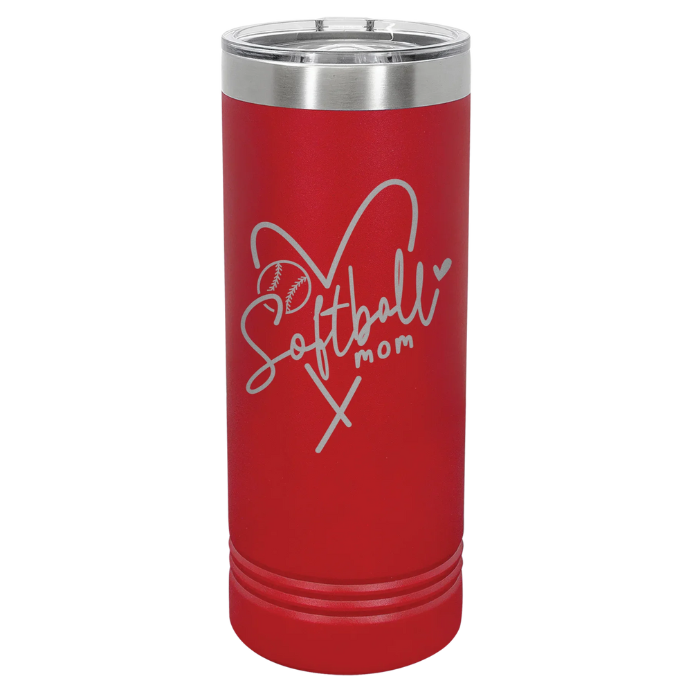Softball Mom Heart - Polar Camel Skinny Tumbler with Slider Lid - Red