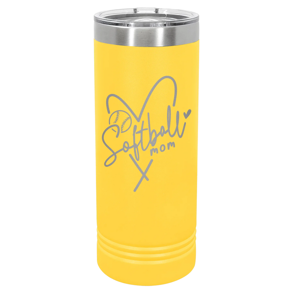 Softball Mom Heart - Polar Camel Skinny Tumbler with Slider Lid - Yellow