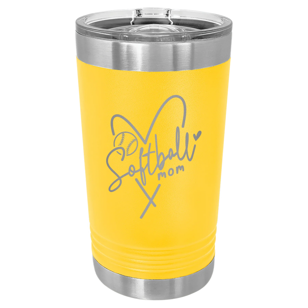 Softball Mom Heart - Polar Camel Pint with Slider Lid - Yellow