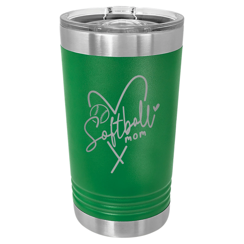 Softball Mom Heart - Polar Camel Pint with Slider Lid - Green
