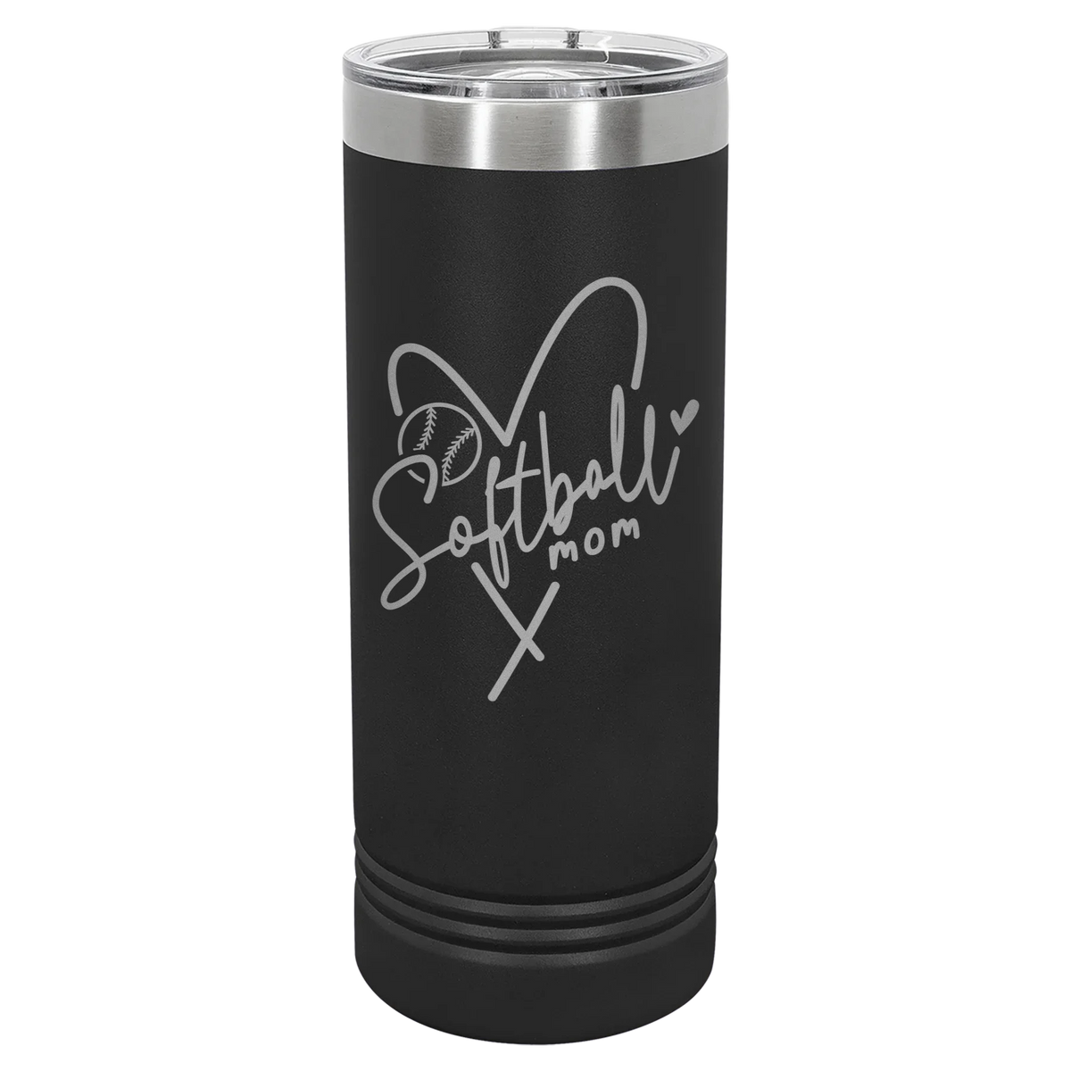 Softball Mom Heart - Polar Camel Skinny Tumbler with Slider Lid - Black
