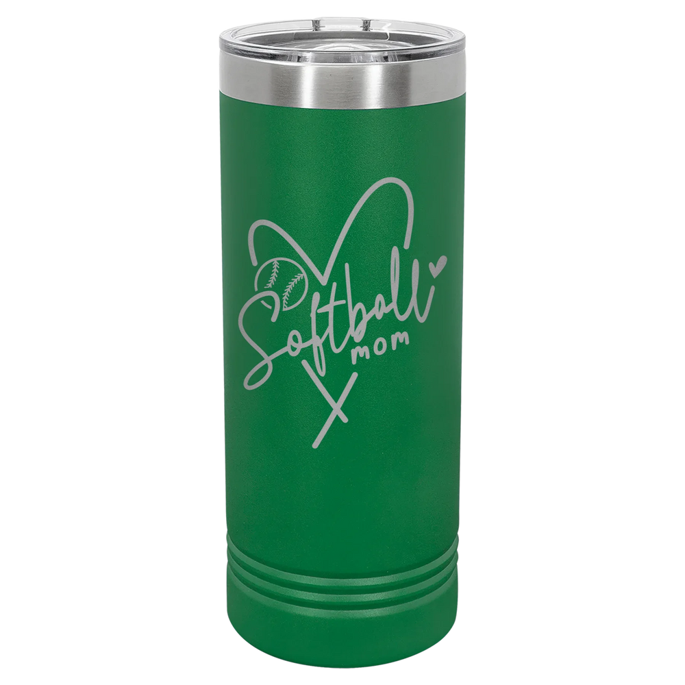 Softball Mom Heart - Polar Camel Skinny Tumbler with Slider Lid - Green