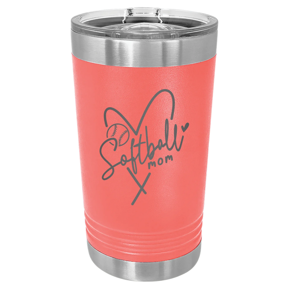 Softball Mom Heart - Polar Camel Pint with Slider Lid - Coral