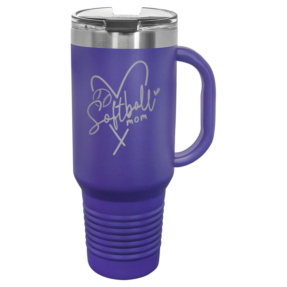 Softball Mom Heart - Polar Camel Travel Mug with Snap Lid & Straw - Purple