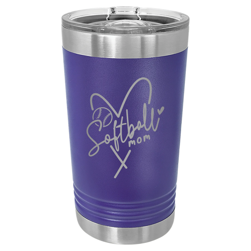 Softball Mom Heart - Polar Camel Pint with Slider Lid - Purple