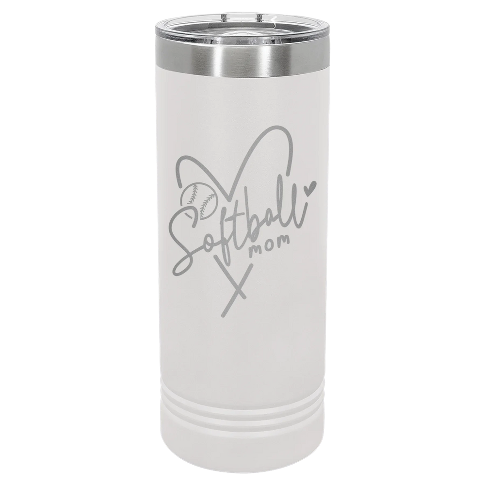 Softball Mom Heart - Polar Camel Skinny Tumbler with Slider Lid - White