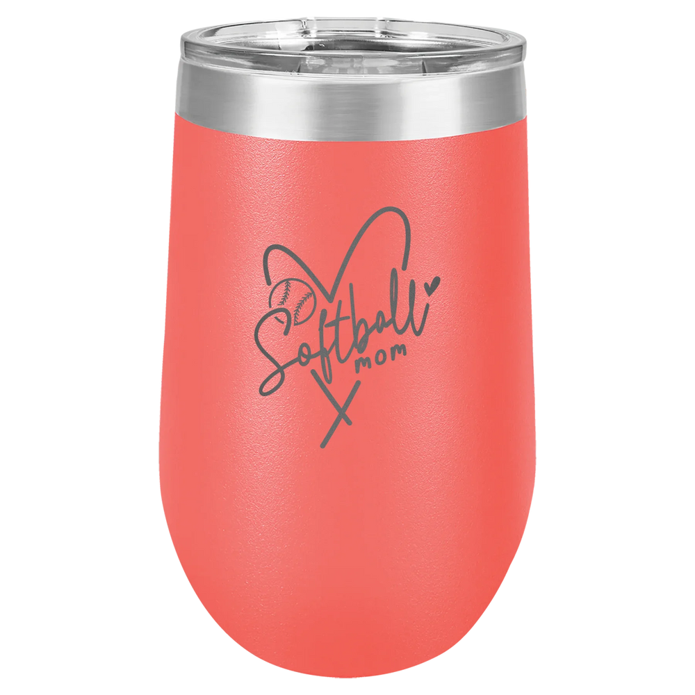 Softball Mom Heart - Polar Camel Stemless Tumbler with Lid - Coral Vacuum Insulated