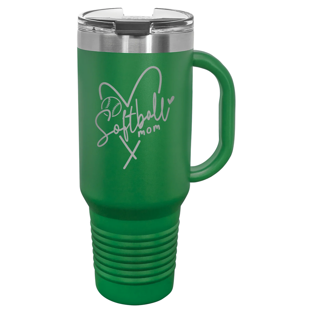 Softball Mom Heart - Polar Camel Travel Mug with Snap Lid & Straw - Green