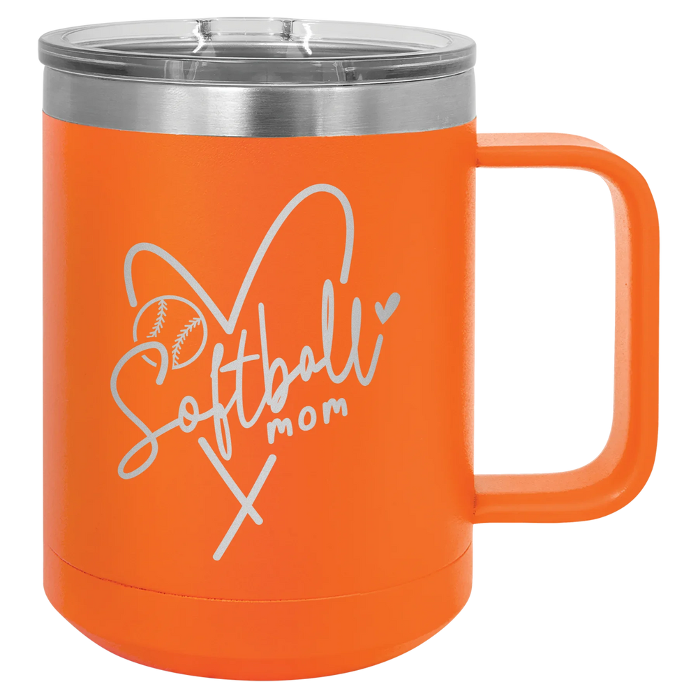 Softball Mom Heart - Polar Camel Vacuum Insulated Mug with Slider Lid - Orange