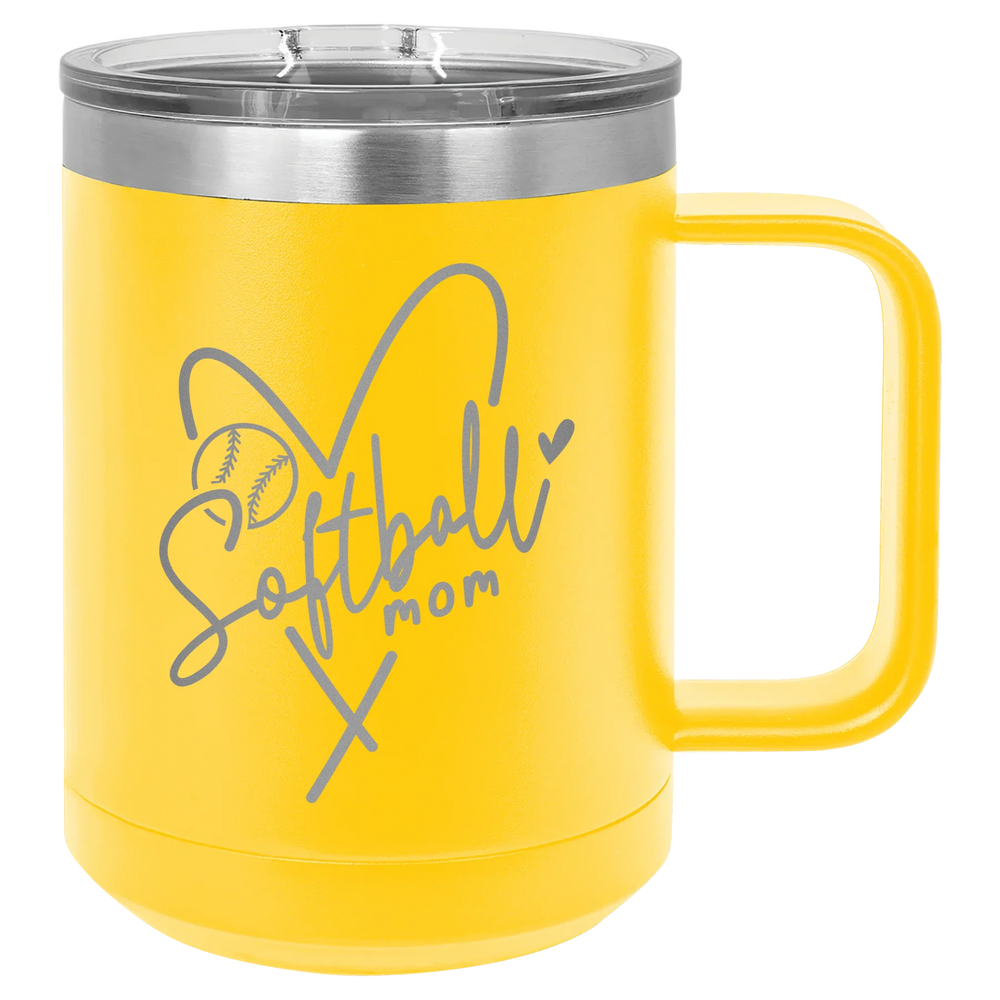 Softball Mom Heart - Polar Camel Vacuum Insulated Mug with Slider Lid - Yellow