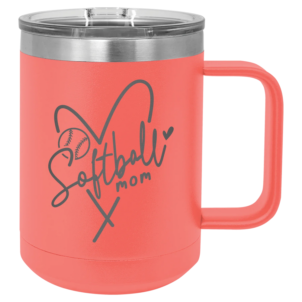 Softball Mom Heart - Polar Camel Vacuum Insulated Mug with Slider Lid - Coral