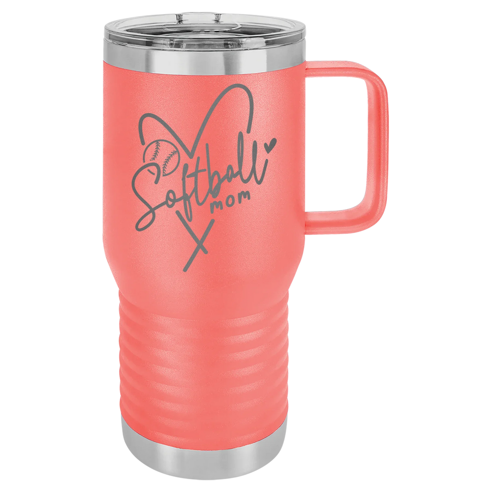 Softball Mom Heart - Polar Camel Vacuum Insulated Travel Mug with Slider Lid - Coral