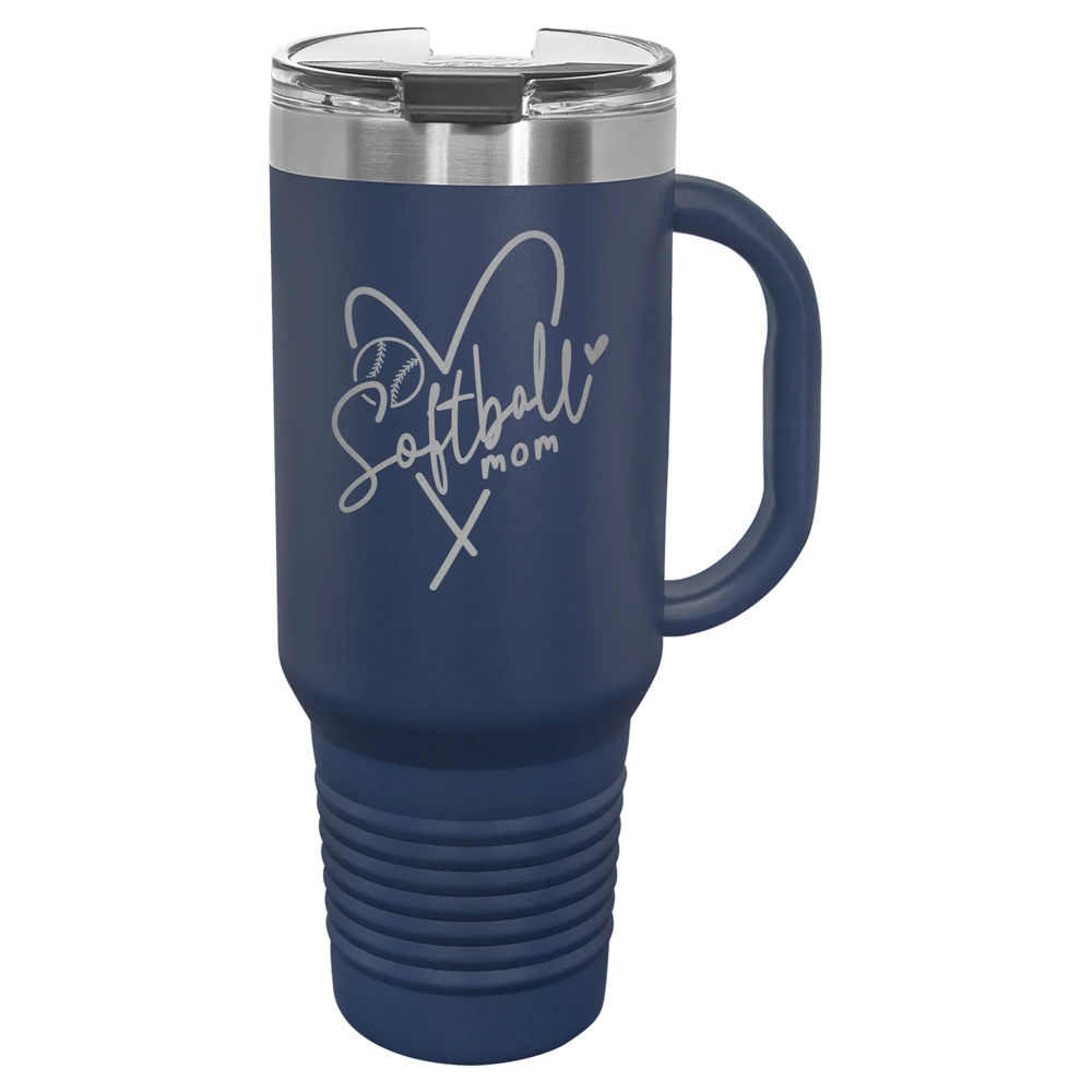 Softball Mom Heart - Polar Camel Travel Mug with Snap Lid & Straw - Navy Blue
