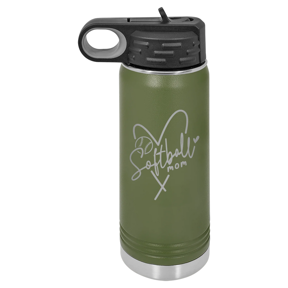 Softball Mom Heart - Polar Camel Water Bottle - Olive Green