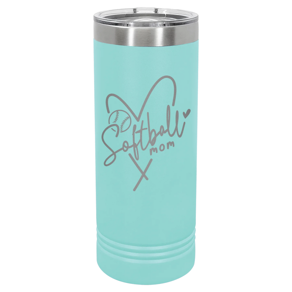 Softball Mom Heart - Polar Camel Skinny Tumbler with Slider Lid - Teal