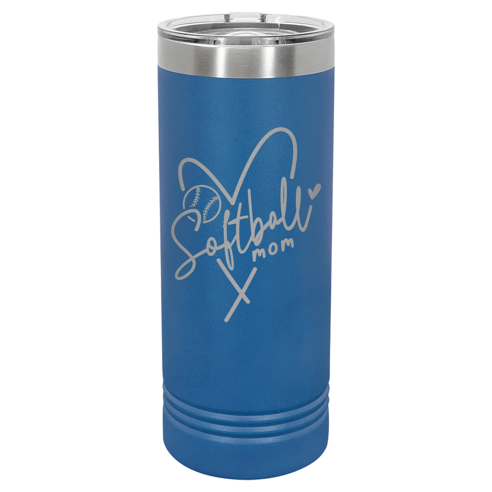Softball Mom Heart - Polar Camel Skinny Tumbler with Slider Lid - Royal Blue