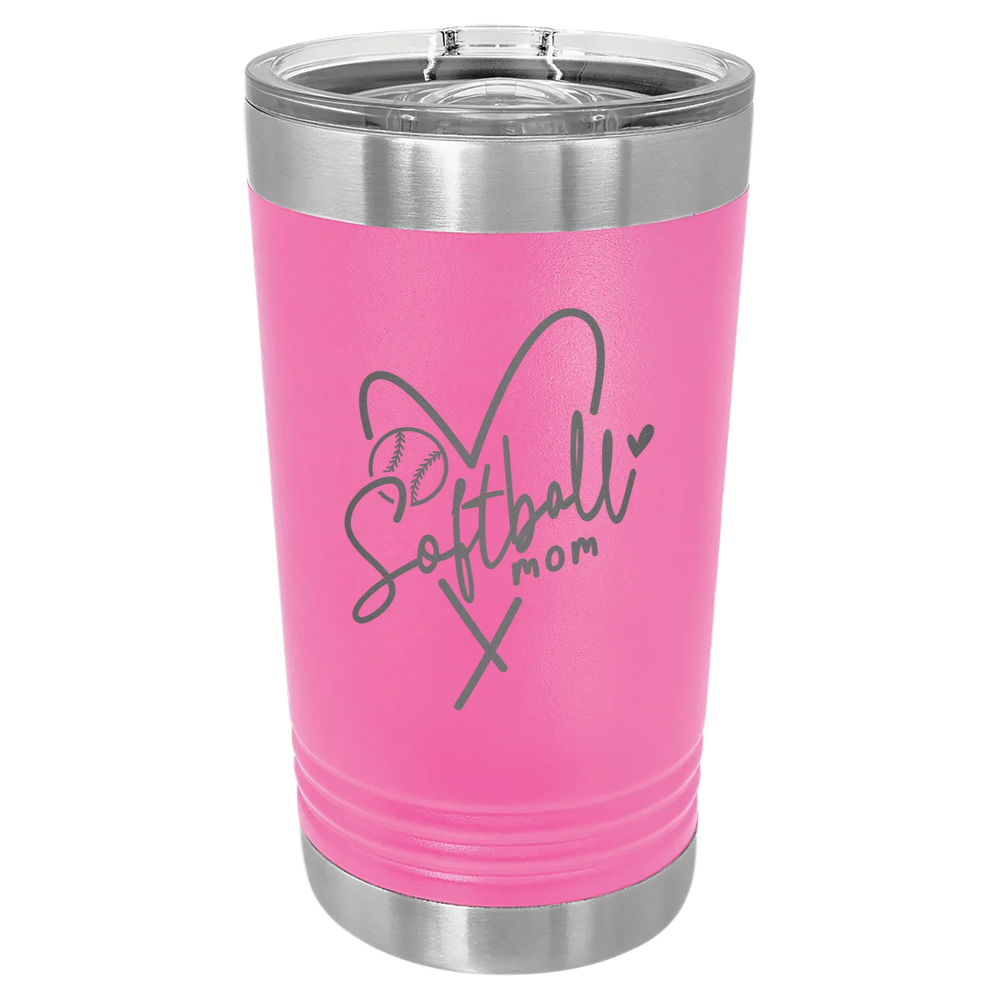 Softball Mom Heart - Polar Camel Pint with Slider Lid - Pink