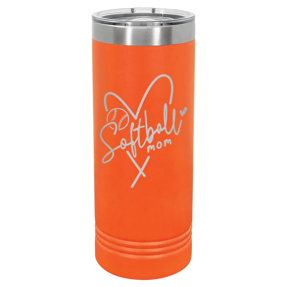 Softball Mom Heart - Polar Camel Skinny Tumbler with Slider Lid - Orange