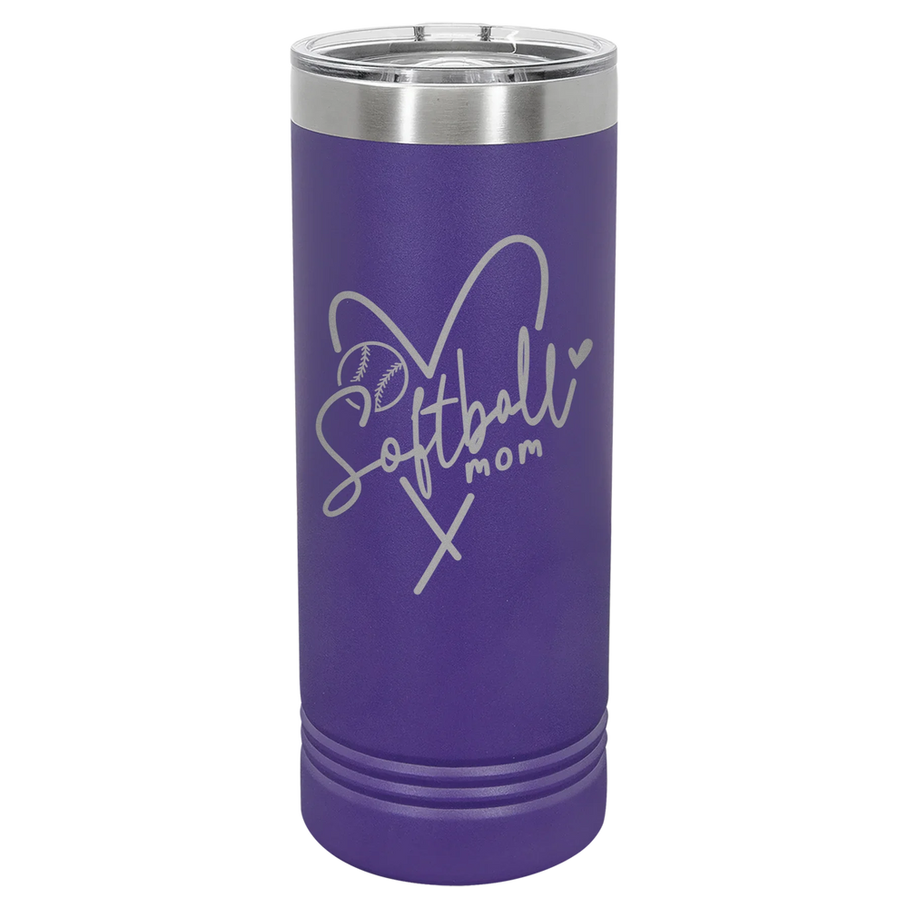 Softball Mom Heart - Polar Camel Skinny Tumbler with Slider Lid - Purple