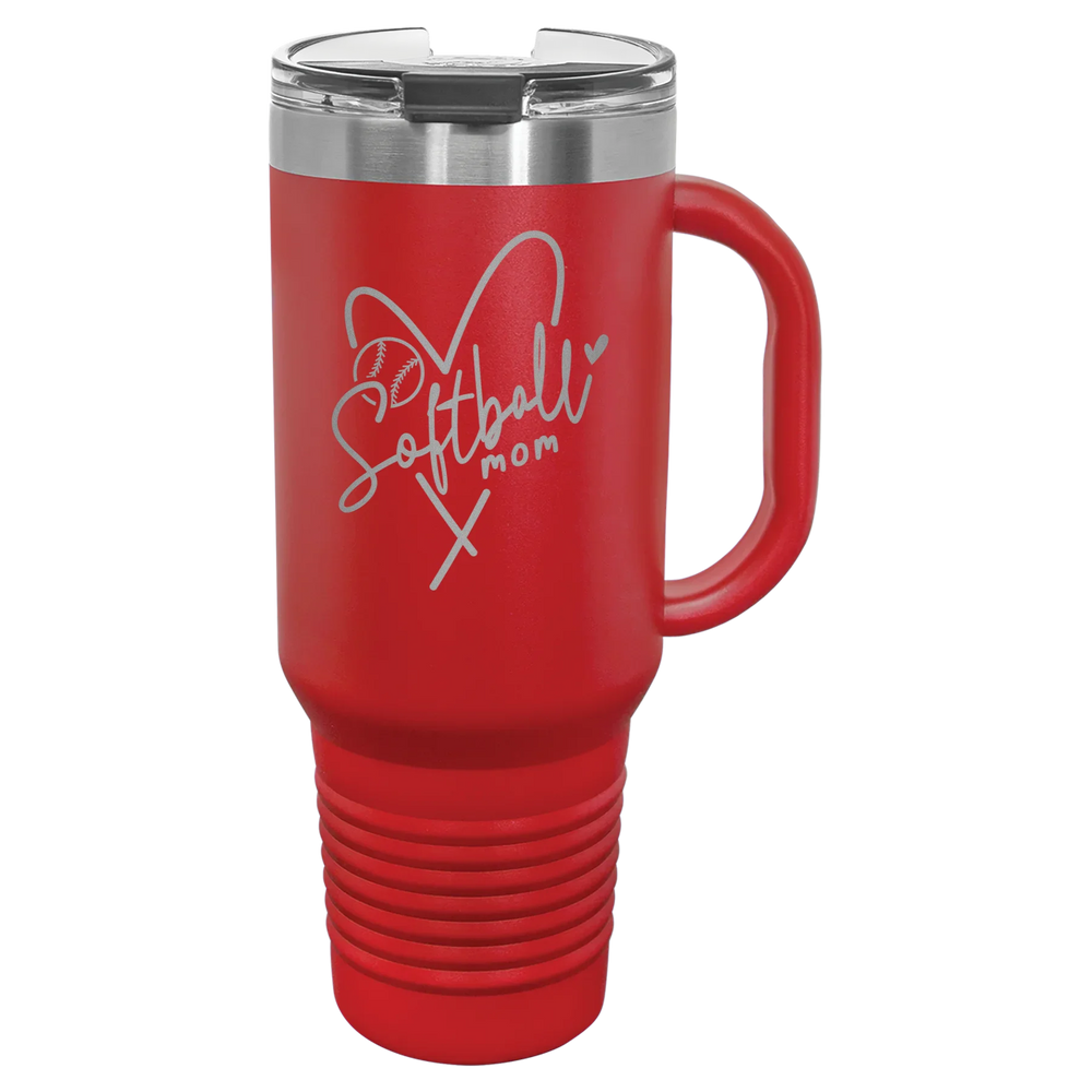 Softball Mom Heart - Polar Camel Travel Mug with Snap Lid & Straw - Red
