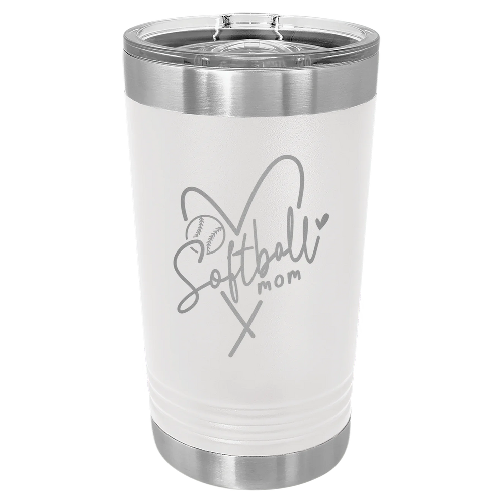 Softball Mom Heart - Polar Camel Pint with Slider Lid - White
