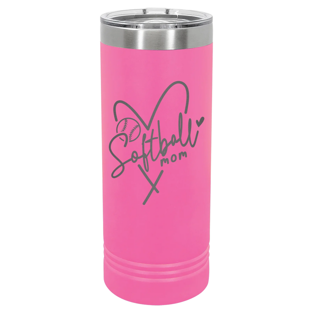 Softball Mom Heart - Polar Camel Skinny Tumbler with Slider Lid - Pink