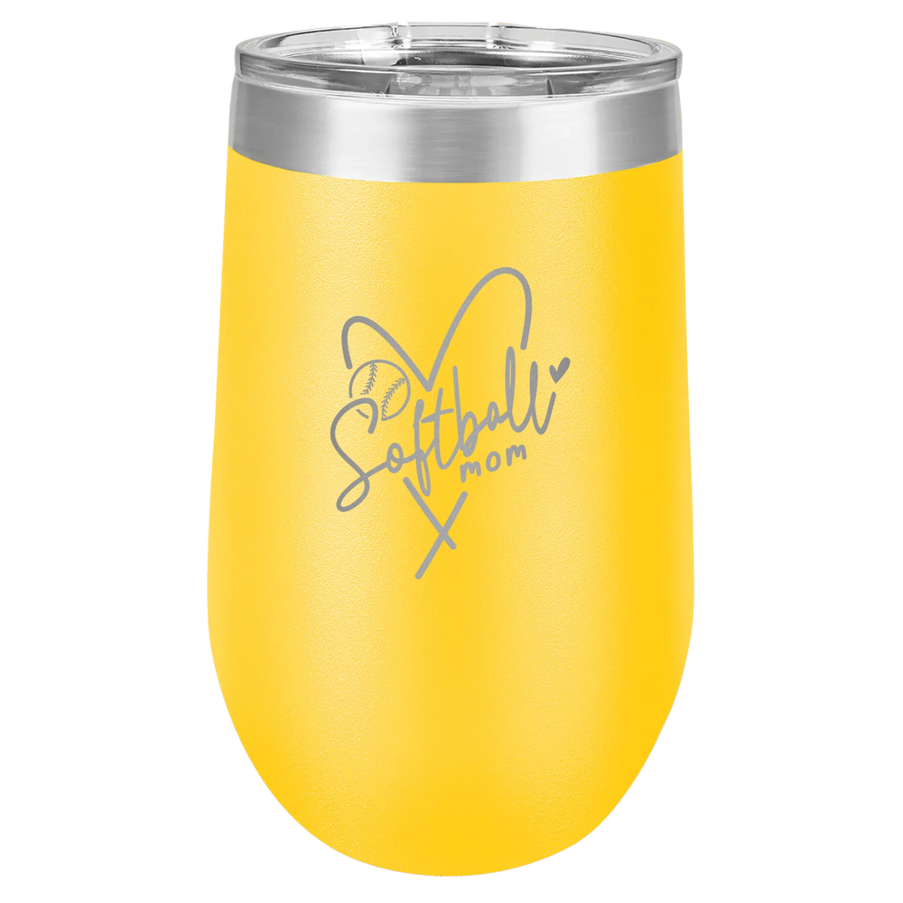 Softball Mom Heart - Polar Camel Stemless Tumbler with Lid - Yellow Vacuum Insulated