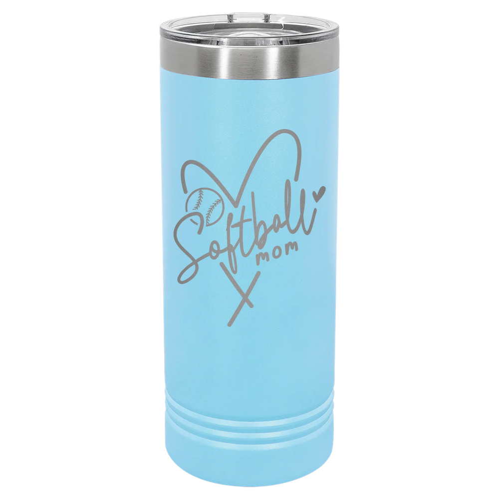 Softball Mom Heart - Polar Camel Skinny Tumbler with Slider Lid - Light Blue