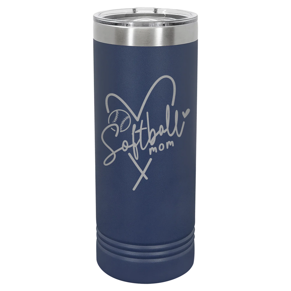 Softball Mom Heart - Polar Camel Skinny Tumbler with Slider Lid - Navy Blue