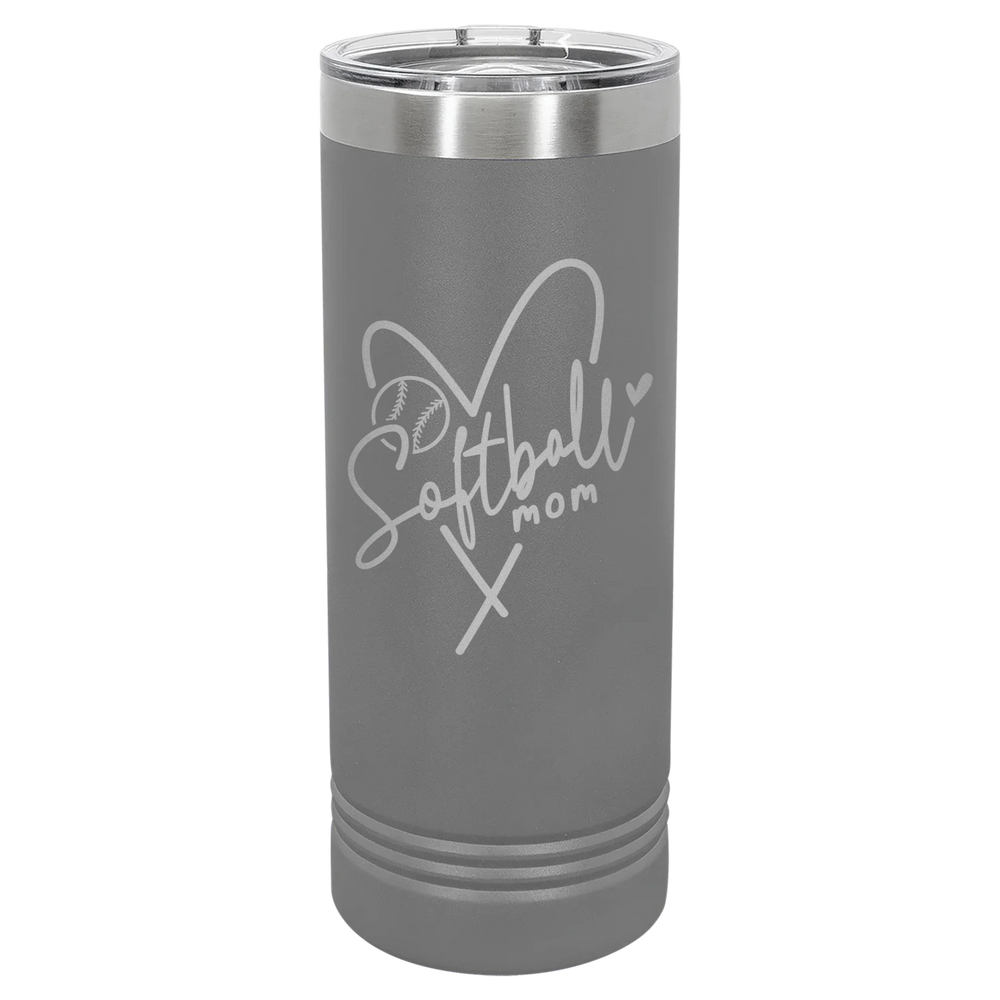 Softball Mom Heart - Polar Camel Skinny Tumbler with Slider Lid - Dark Gray