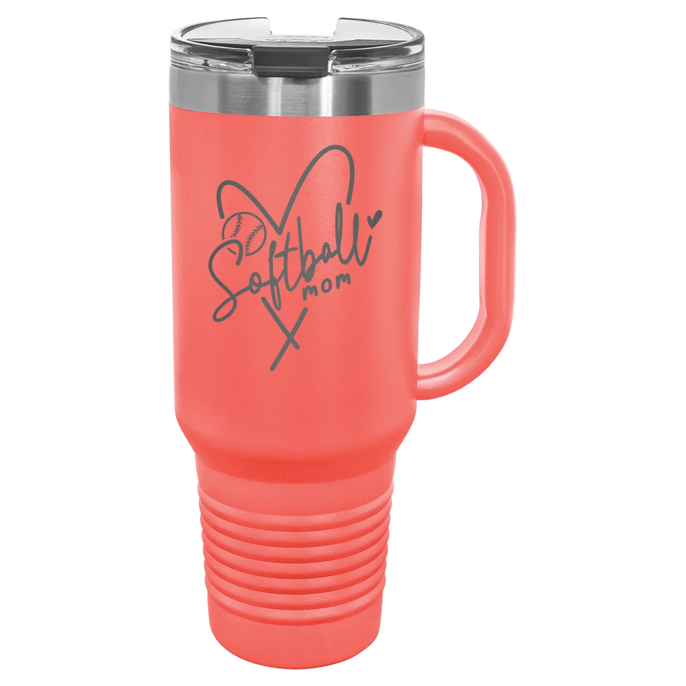 Softball Mom Heart - Polar Camel Travel Mug with Snap Lid & Straw - Coral
