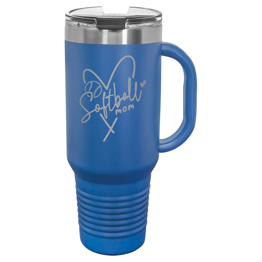 Softball Mom Heart - Polar Camel Travel Mug with Snap Lid & Straw - Royal Blue