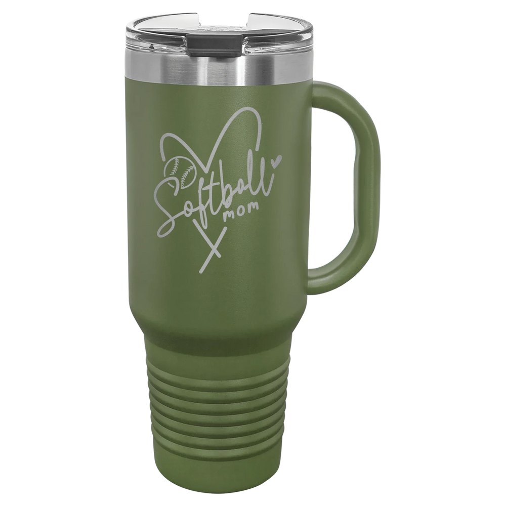 Softball Mom Heart - Polar Camel Travel Mug with Snap Lid & Straw - Olive Green