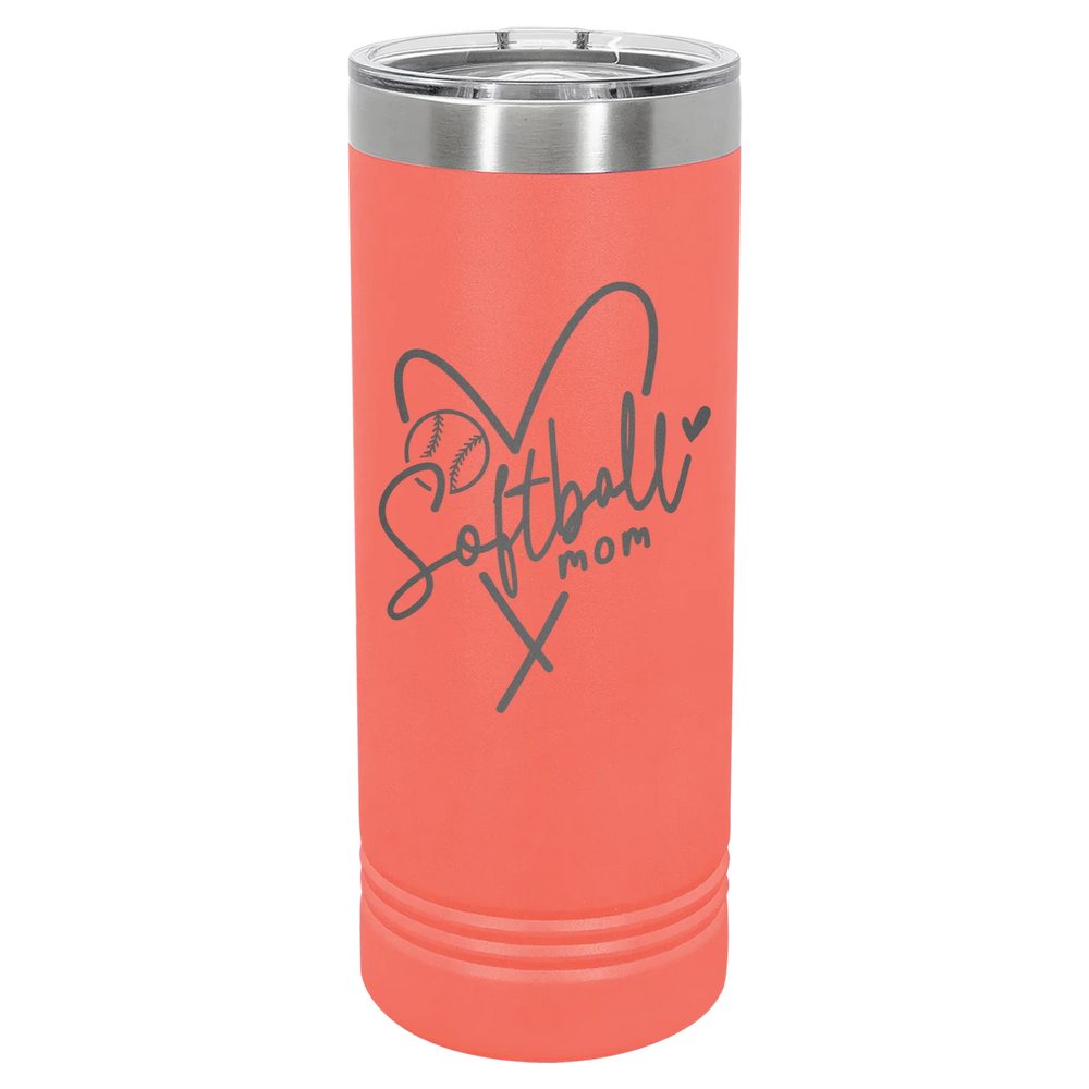 Softball Mom Heart - Polar Camel Skinny Tumbler with Slider Lid - Coral