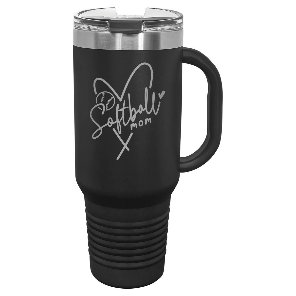 Softball Mom Heart - Polar Camel Travel Mug with Snap Lid & Straw - Black