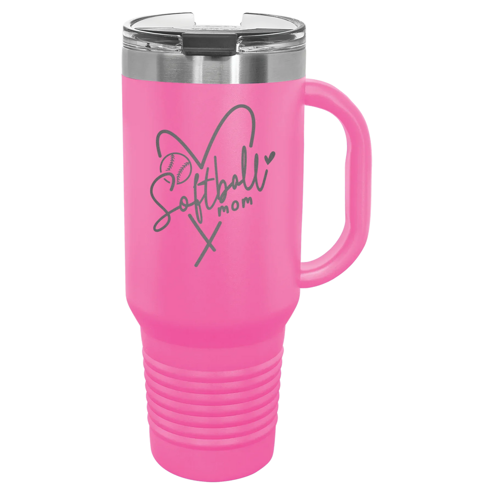 Softball Mom Heart - Polar Camel Travel Mug with Snap Lid & Straw - Pink
